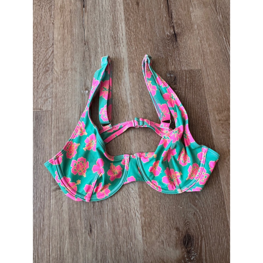Kulani Kinis Tropical Swim Teal Pink Hibiscus Floral‎ Underwire Bikini Top XL